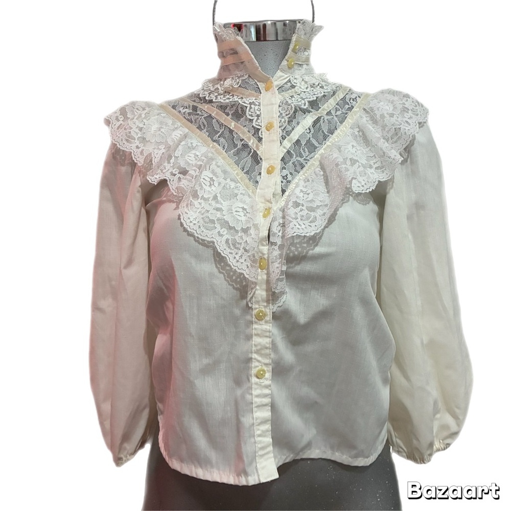 Vintage Gunne Sax Ruffle Bib Collar Blouse Jessica McClintock White Victorian S